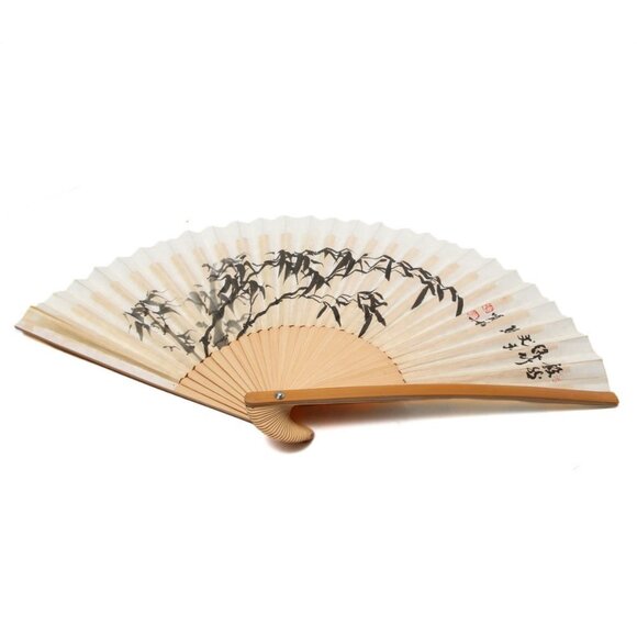 Vintage Japanese Bamboo Folding Hand Fan Paper Wood Watercolour Paint Cream Tan - Picture 7 of 11